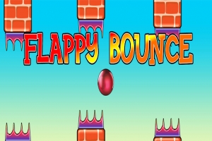 Színes Flappy Bounce felirat tégla akadályokkal és egy középen lévő piros labdával kék-zöld háttér előtt