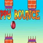 Színes Flappy Bounce felirat tégla akadályokkal és egy középen lévő piros labdával kék-zöld háttér előtt
