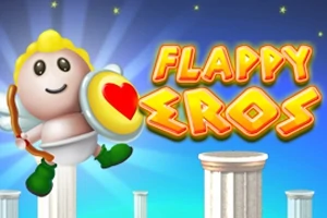 Egy szárnyas kis figura íjjal és szív alakú pajzzsal repül oszlopok között, mellette a Flappy Eros felirat látható