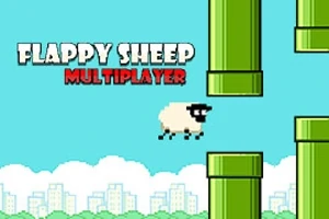 Pixeles bárány repül nagy zöld csövek között világoskék háttérrel, a Flappy Sheep Multiplayer felirattal