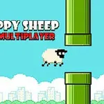 Pixeles bárány repül nagy zöld csövek között világoskék háttérrel, a Flappy Sheep Multiplayer felirattal