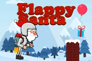 Mikulás jetpackkel repül a havas táj felett, mellette egy rózsaszín lufi és egy ajándék