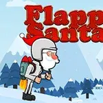 Mikulás jetpackkel repül a havas táj felett, mellette egy rózsaszín lufi és egy ajándék