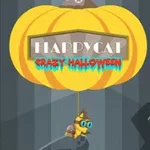 Egy sárga tök fölött lóg egy macska, amelyen a Happy Cat Crazy Halloween felirat látható
