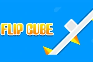 Kék háttér előtt egy fehér vonal, rajta fehér kocka és sárga tüskék, mellette FLIP CUBE felirat