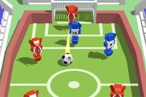 Kétszínű, játékbábukból álló focimeccs kicsinyített stadionban, labdával a középpontban