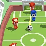 Kétszínű, játékbábukból álló focimeccs kicsinyített stadionban, labdával a középpontban