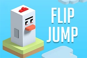 Egy kocka alakú csirke áll egy lebegő platformon világoskék háttér előtt, mellette a FLIP JUMP felirat látható