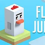 Egy kocka alakú csirke áll egy lebegő platformon világoskék háttér előtt, mellette a FLIP JUMP felirat látható