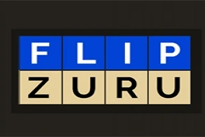 Két soros betűrács, a felső sor kék alapon fehér betűkkel azt írja: FLIP, az alsó sor világos alapon fekete betűkkel: ZURU