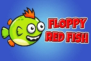 Zöld hal narancssárga uszonyokkal, kiugró szemekkel, kék háttéren a Floppy Red Fish felirattal