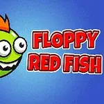 Zöld hal narancssárga uszonyokkal, kiugró szemekkel, kék háttéren a Floppy Red Fish felirattal