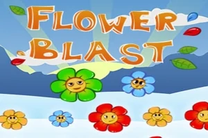 Színes virágok mosolygós arcokkal egy kék háttér előtt, ahol a Flower Blast felirat olvasható