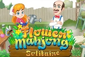 Egy színes kert jelenet, ahol egy lány locsolókannát tart, és egy férfi mosolyog, körülöttük virágok és fák, valamint Flower Mahjong Solitaire felirat