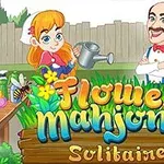 Egy színes kert jelenet, ahol egy lány locsolókannát tart, és egy férfi mosolyog, körülöttük virágok és fák, valamint Flower Mahjong Solitaire felirat
