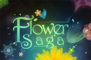 Színes virágok és egy kék pillangó körülötte a Flower Saga felirat egy sötét háttér előtt