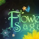 Színes virágok és egy kék pillangó körülötte a Flower Saga felirat egy sötét háttér előtt