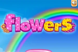 Színes szivárvány előtt rózsaszín és sárga, virágmintás betűkkel kiírt flowers felirat kék égen