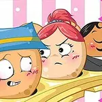 Rajzfilmszerű karakterek színes, vidám háttérrel, amely rózsaszín-fehér csíkos, és egy három karakterből álló csoportot mutat be különböző arckifejezésekkel, köztük egy kék sapkás alak
