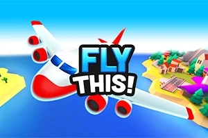 Rajzfilmszerű repülőgép kék és piros részletekkel, amely egy szigetre tart, középen a FLY THIS!
