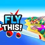 Rajzfilmszerű repülőgép kék és piros részletekkel, amely egy szigetre tart, középen a FLY THIS!