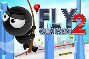 Egy fekete figura kötélen hintázik egy városi háttér előtt, miközben léghajó és sárga repülőgép látható az égen, a jobb oldalon a Fly with Rope 2 szöveg szerepel