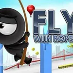 Egy fekete figura kötélen hintázik egy városi háttér előtt, miközben léghajó és sárga repülőgép látható az égen, a jobb oldalon a Fly with Rope 2 szöveg szerepel