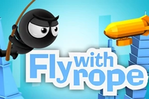 Egy fekete figura kötéllel leng, háttérben kék épületek és egy sárga léghajó, alul „Fly with rope” szöveg