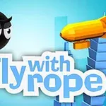 Egy fekete figura kötéllel leng, háttérben kék épületek és egy sárga léghajó, alul „Fly with rope” szöveg