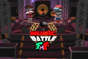 Két rajzfilmszerű figura egy színpadon áll, középen egy nagy hangszóróval és alul Music Battle felirattal
