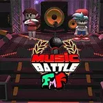 Két rajzfilmszerű figura egy színpadon áll, középen egy nagy hangszóróval és alul Music Battle felirattal