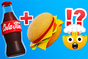 Egy kólásüveg, egy hamburger és egy robbanó fejű emoji kék háttér előtt