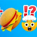 Egy kólásüveg, egy hamburger és egy robbanó fejű emoji kék háttér előtt