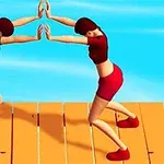 Két animált figura színes ruhában kölcsönösen érintik a kezüket egy fapadlón, háttérben kék égbolt és víz