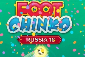 Színes konfettikkel díszített zöld háttér előtt stilizált Foot Chinko Russia 18 felirat látható, alul középen sugárzó fényű futball labdával