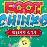 Színes konfettikkel díszített zöld háttér előtt stilizált Foot Chinko Russia 18 felirat látható, alul középen sugárzó fényű futball labdával