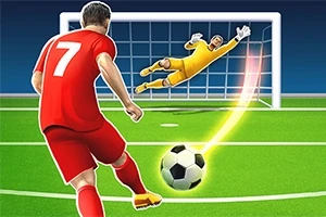 Egy piros mezes futballista éppen kapura lő egy labdát, miközben a kapus vetődik a védéshez