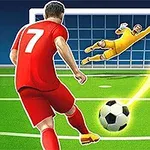 Egy piros mezes futballista éppen kapura lő egy labdát, miközben a kapus vetődik a védéshez