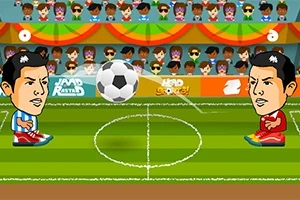 Két rajzfilmszerű focista nagy fejjel játszik egy focilabdával színes stadionban közönséggel