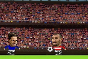 Két karikatúraszerű futballjátékos küzd egymással egy mérkőzésen, háttérben nézők