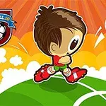 Rajzfilmszerű futballista piros mezben labdát fejel a zöld pályán, háttérben narancssárga és fehér csíkok