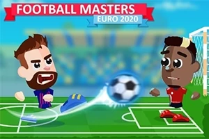 Két rajzfilmszerű focista játszik egy stadionban, egyikük épp labdát rúg