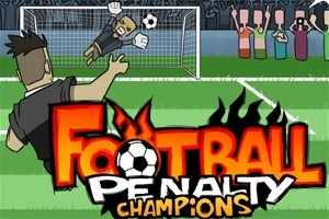 Rajzolt focimeccs jelenete, ahol egy kapus védi a lövést és hátul szurkolók figyelik a játékot, elől pedig látható a Football Penalty Champions cím
