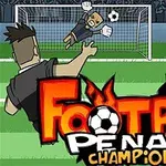 Rajzolt focimeccs jelenete, ahol egy kapus védi a lövést és hátul szurkolók figyelik a játékot, elől pedig látható a Football Penalty Champions cím