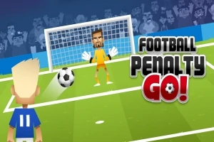 Egy rajzfilmes stílusú futballpálya jelenetében egy játékos készül büntetőt rúgni egy kapusnak, miközben a háttérben nézők láthatóak