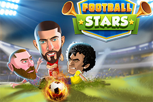 Két rajzolt focista nagy fejjel verseng egy lángoló labdáért egy stadionban, a háttérben a FOOTBALL STARS felirat látható