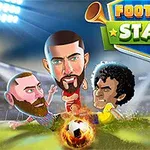 Két rajzolt focista nagy fejjel verseng egy lángoló labdáért egy stadionban, a háttérben a FOOTBALL STARS felirat látható
