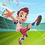 Egy rajzolt fiú focilabdát rúg egy stadion gyepén, körülötte színes konfettik