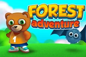 Egy aranyos medve kosárlabdamezben áll egy zöld réten egy szőrös denevér társaságában, a Forest Adventure felirattal a háttérben