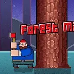 Egy rajzolt favágó kék ruhában és piros sapkában áll egy nagy fa mellett, fejszét tartva, a Forest Man felirat mellett